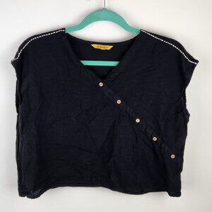 Global Desi Cotton Linen Blend Black Crop Top Asymmetric Buttons sz L